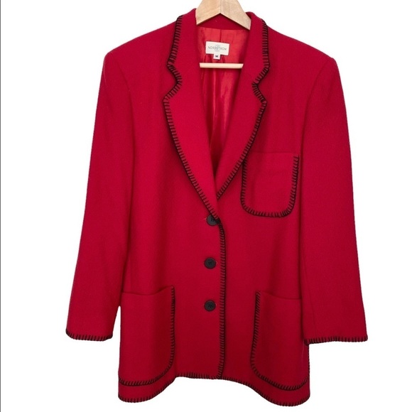Nordstrom Red Wool Blazer Jacket Black Stitched Trim Front Pockets Size M - Picture 1 of 11